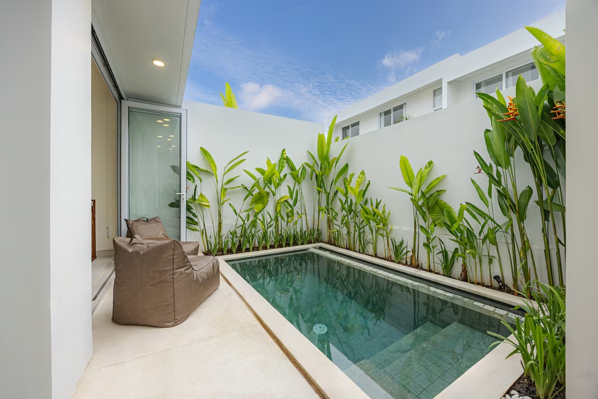 Private pool in daylight, framed by tropical planting